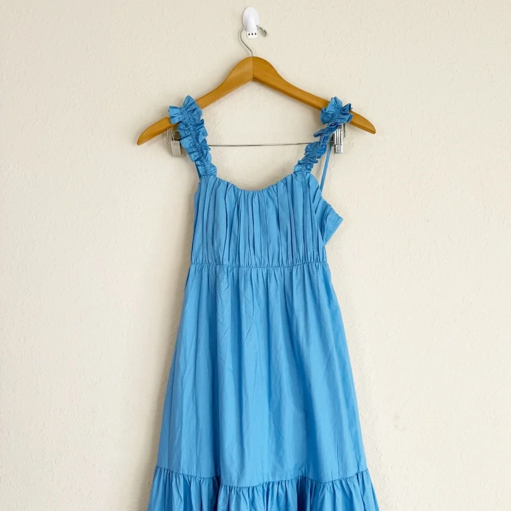 Abercrombie & Fitch Tiered Open Back Poplin Blue Coastal Maxi Dress Size XSP